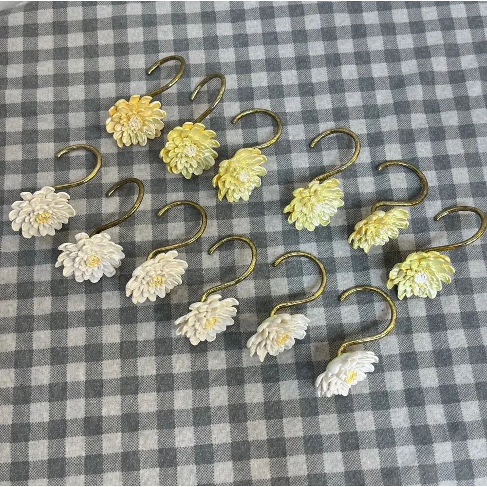Vintage Shower Curtain Hooks Chrysanthemum Yellow White Brass Tone Set of 12